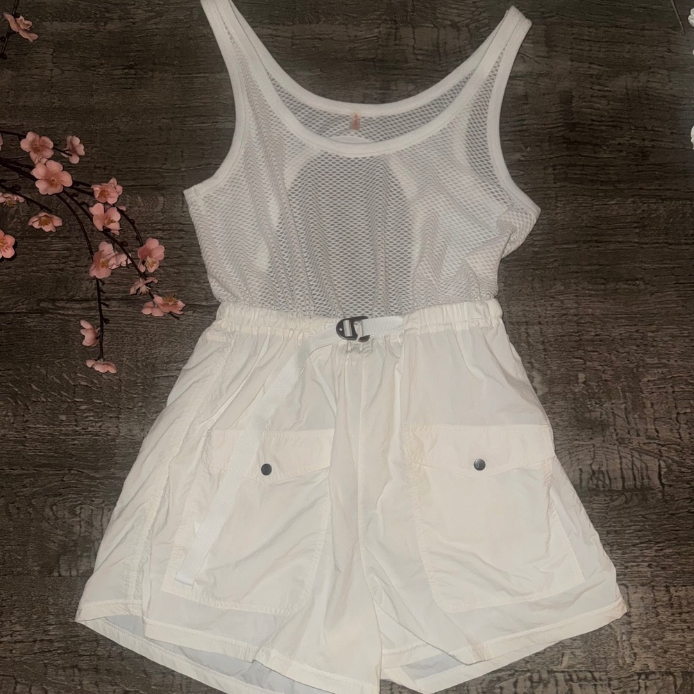 FP Movement White Mesh Romper Pacific Coast Hike Onesie Utility Shorts Medium
